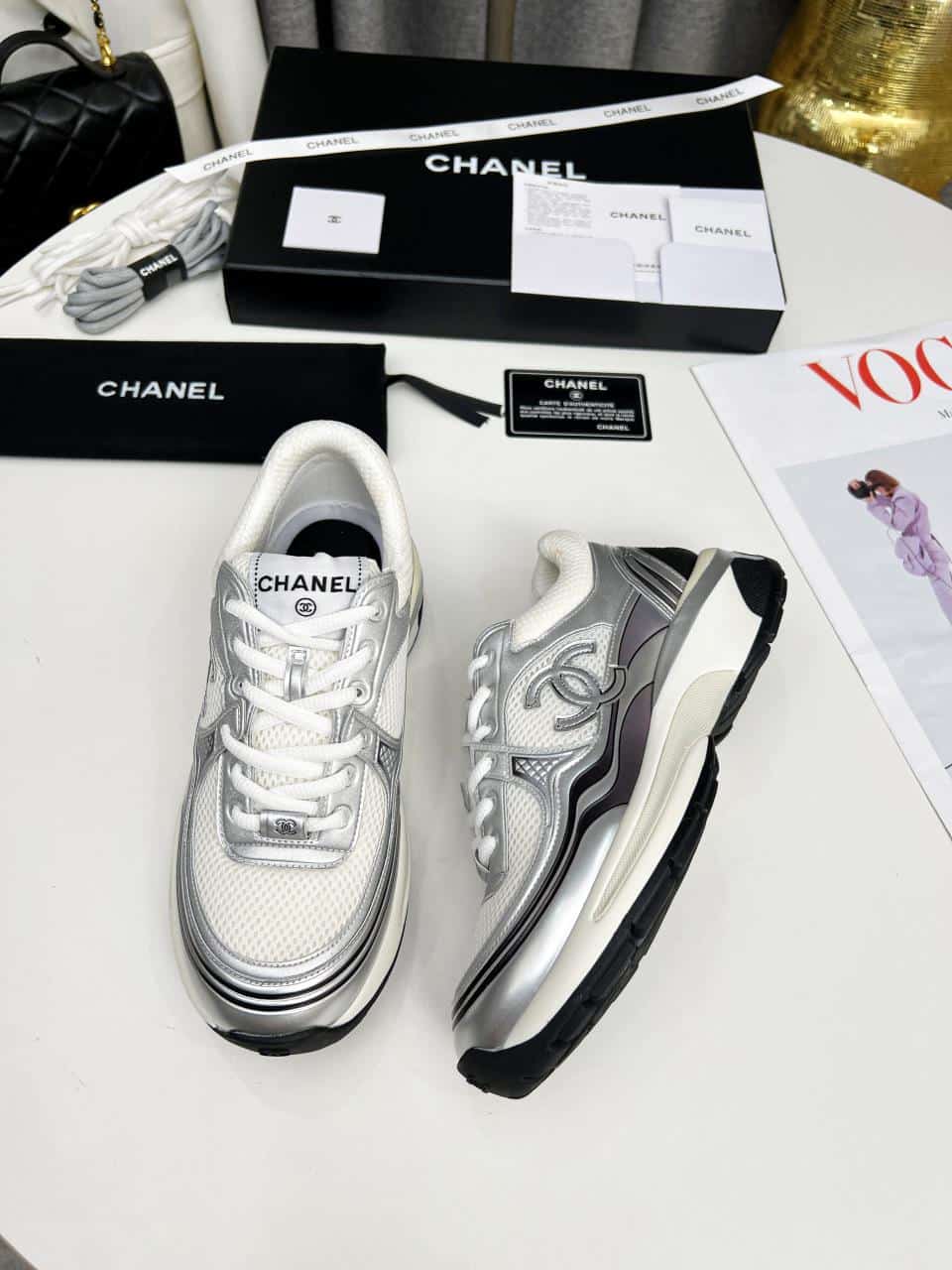 Chanel 23C Silver Metallic Cc Logo Lace Up Flat Runner Trainer Sneaker White G39792 Y56368 K5451 view 5