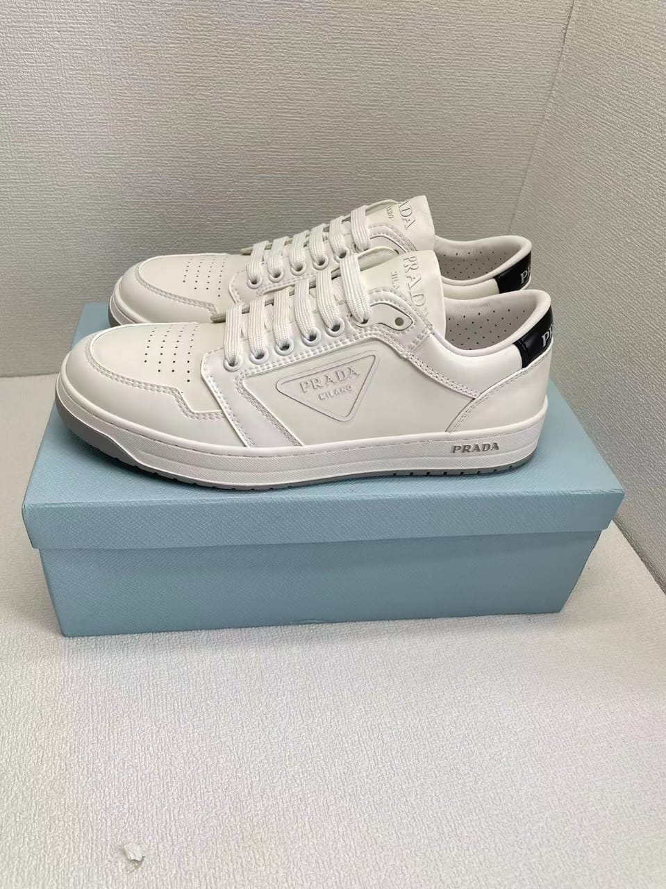 Prada District Perforated Leather Sneakers White view 3