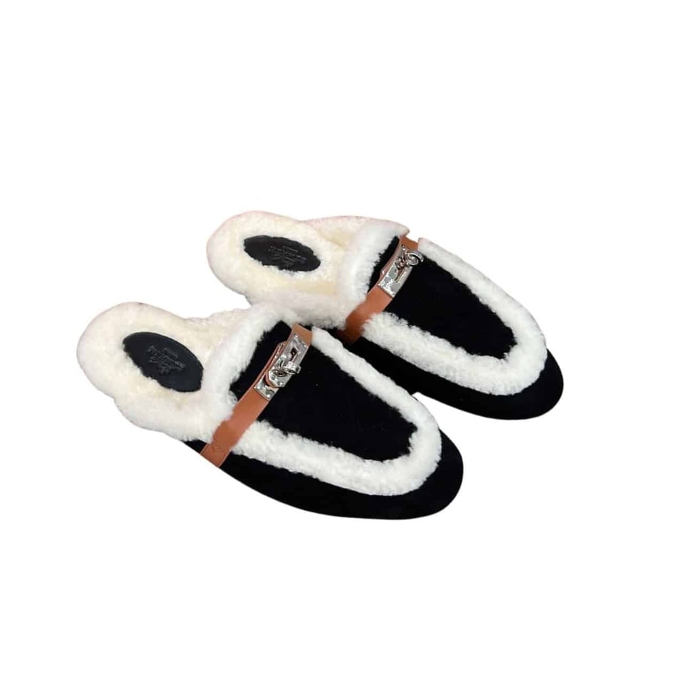 Hermes Oz Mule Shearling Black White view 2