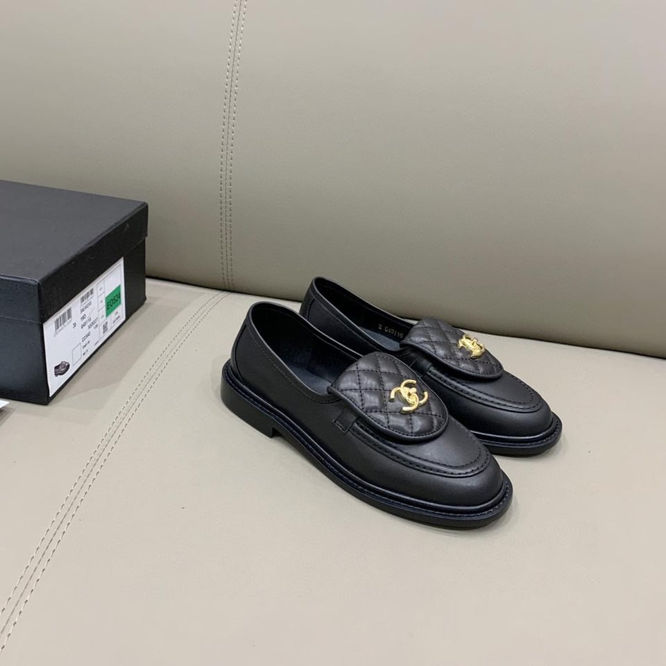 Chanel Quilted Leather Loafers Black with Gold CC Logo view 10