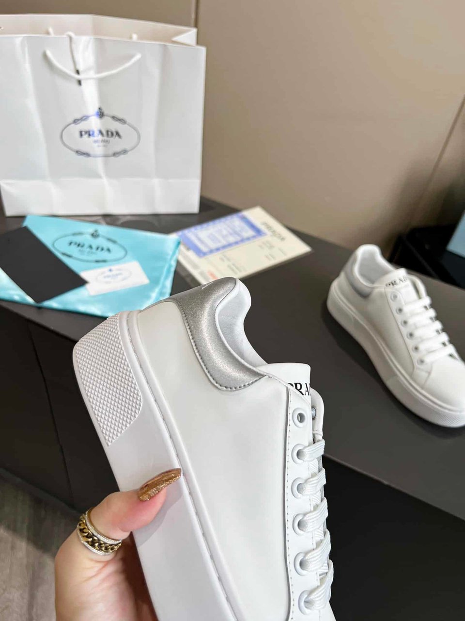Prada Sneakers In White Leather With Silver Logo view 3