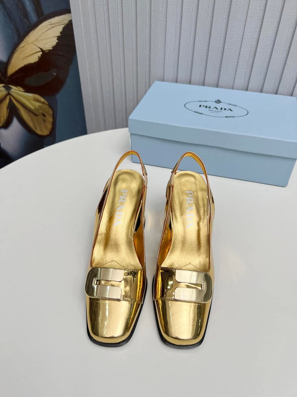 Prada Leather Slingback Pumps Gold view 9