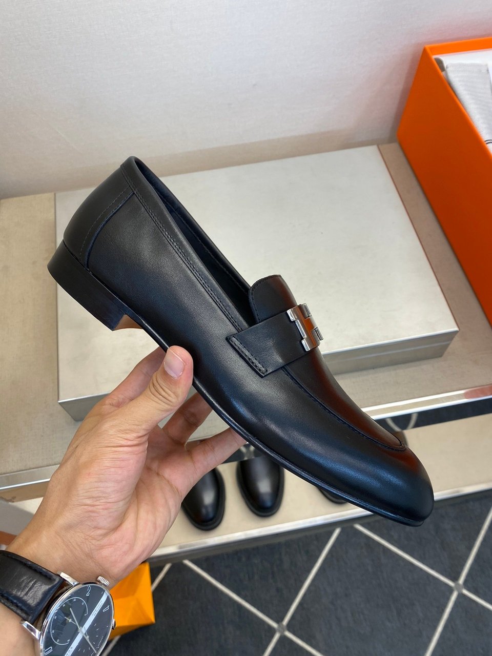 Hermes H-Buckle Black Smooth Leather Loafers- Shoes for Men view 4
