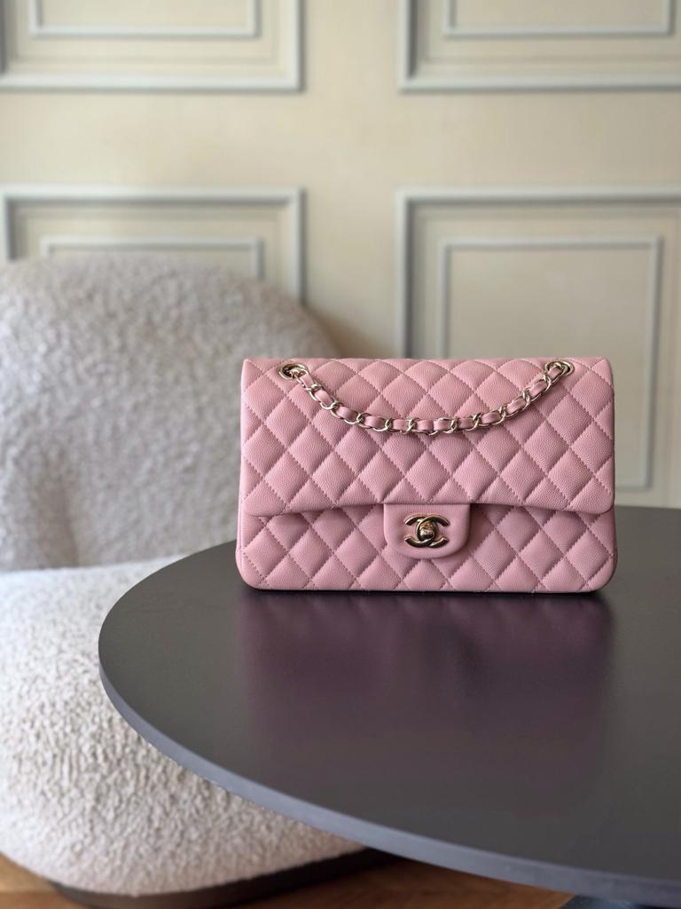 Chanel Classic Medium Double Flap Bag Grained Calfskin Light Pink Gold Hardware 25.5cm/10in view 3