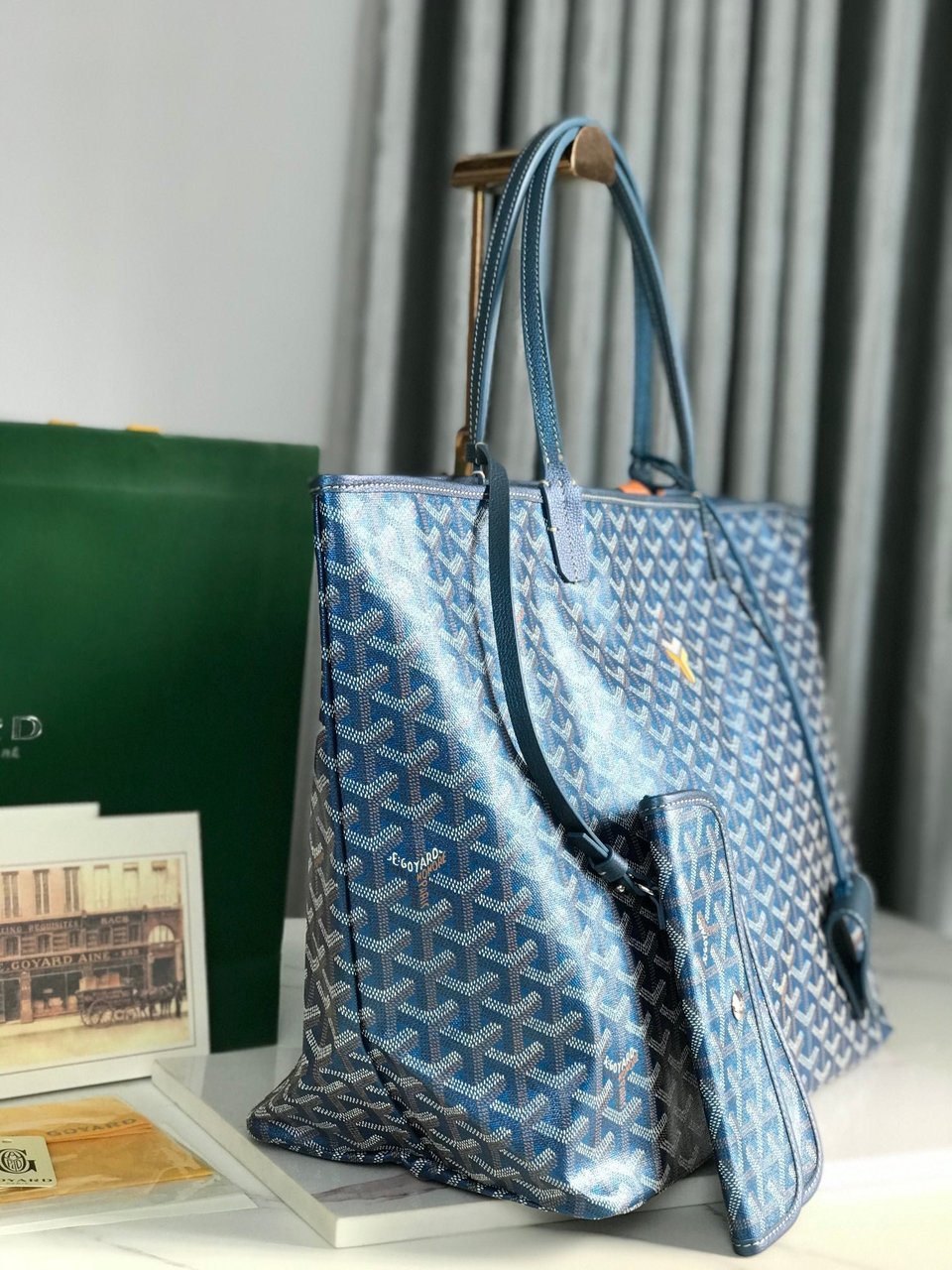 Goyard Saint Louis Gm Bag 40Cm Deep Blue Canvas Chevroches Calfskin view 10