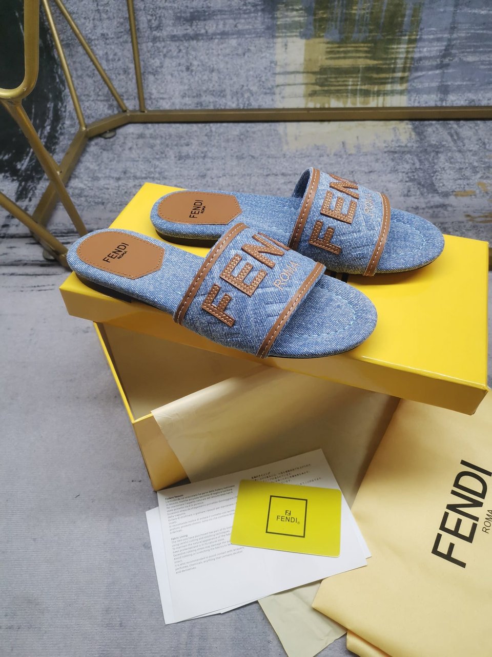 Fendi Signature Light Blue Denim Slides view 6