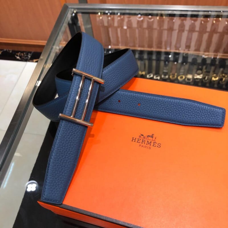 Hermes Rider Belt Buckle &amp; Reversible Leather Strap 40mm H075372 Blue/Black view 3