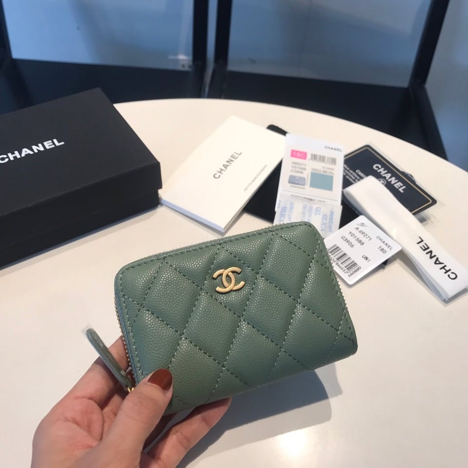 Chanel Zipped Coin Basic Purse 11 Turquoise Calfskin Gold Icon view 2