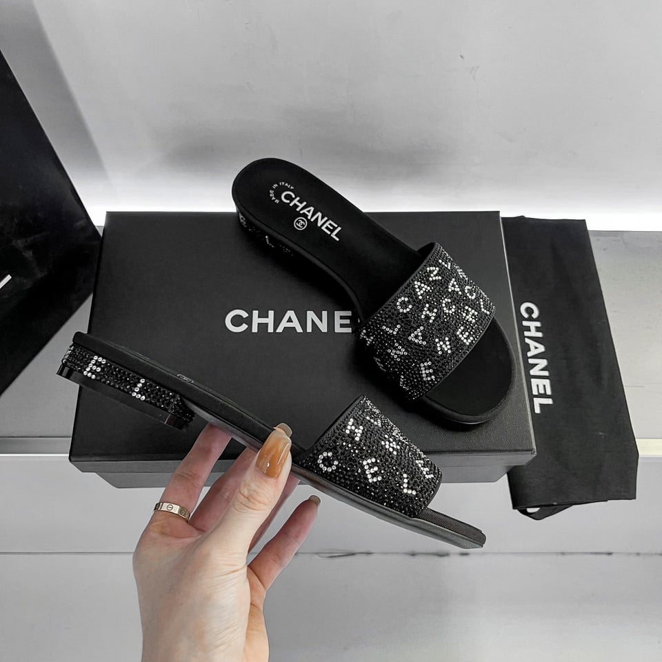 Chanel 24P Beaded Diamond Logo Slippers Black view 8
