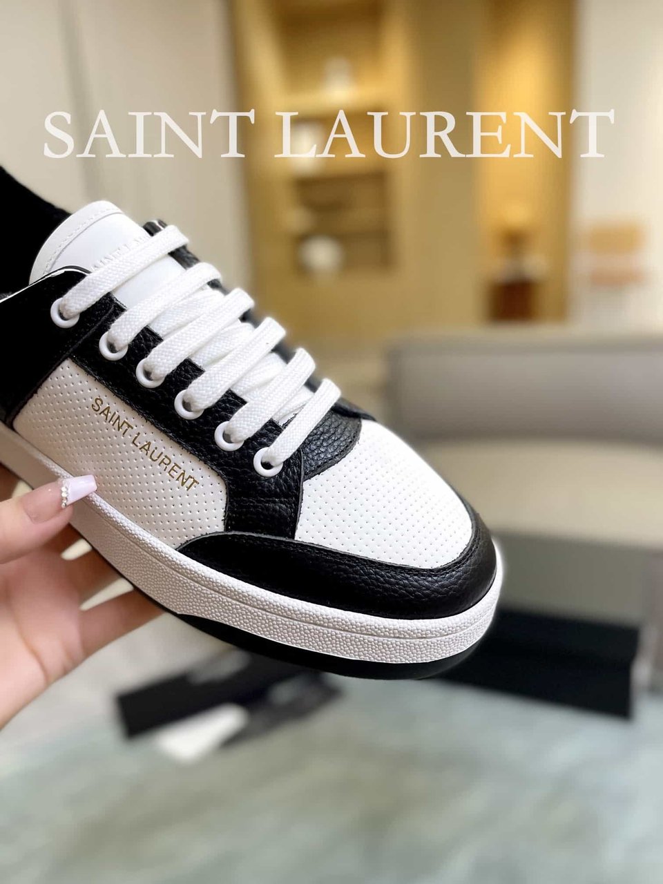 Saint Laurent Perforated Leather Sneakers Black And White view 3