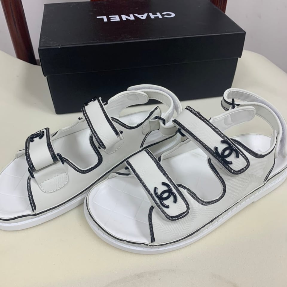 Chanel Calfskin Printed Velcro Dad Sandals White Black view 6