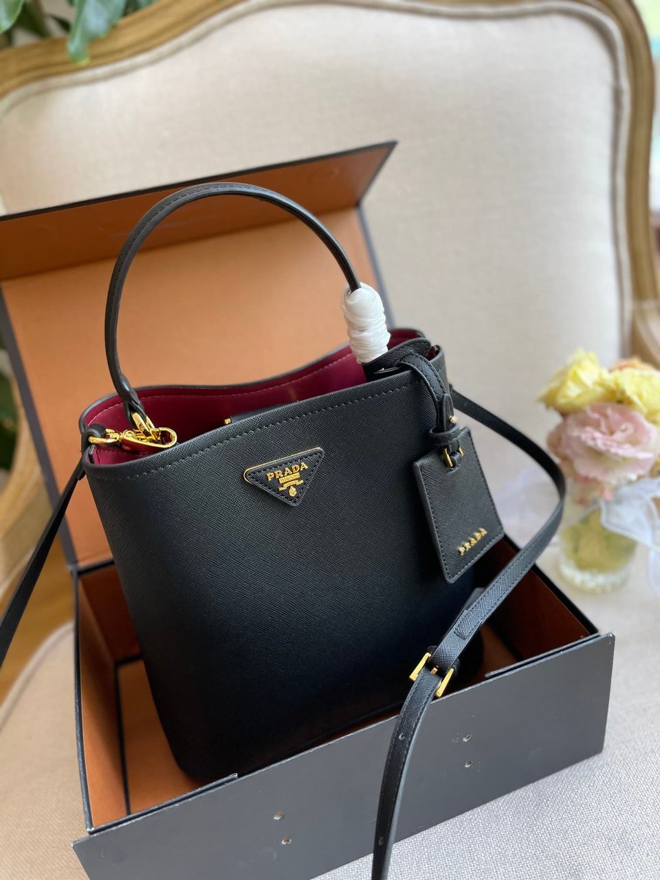 Prada Medium Saffiano Leather Panier Bag Black view 6