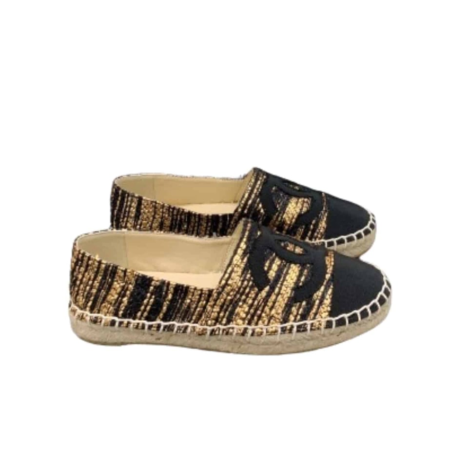 Chanel Metallic Tweed Grosgrain Cc Espadrilles Slip On Gold Black view 2