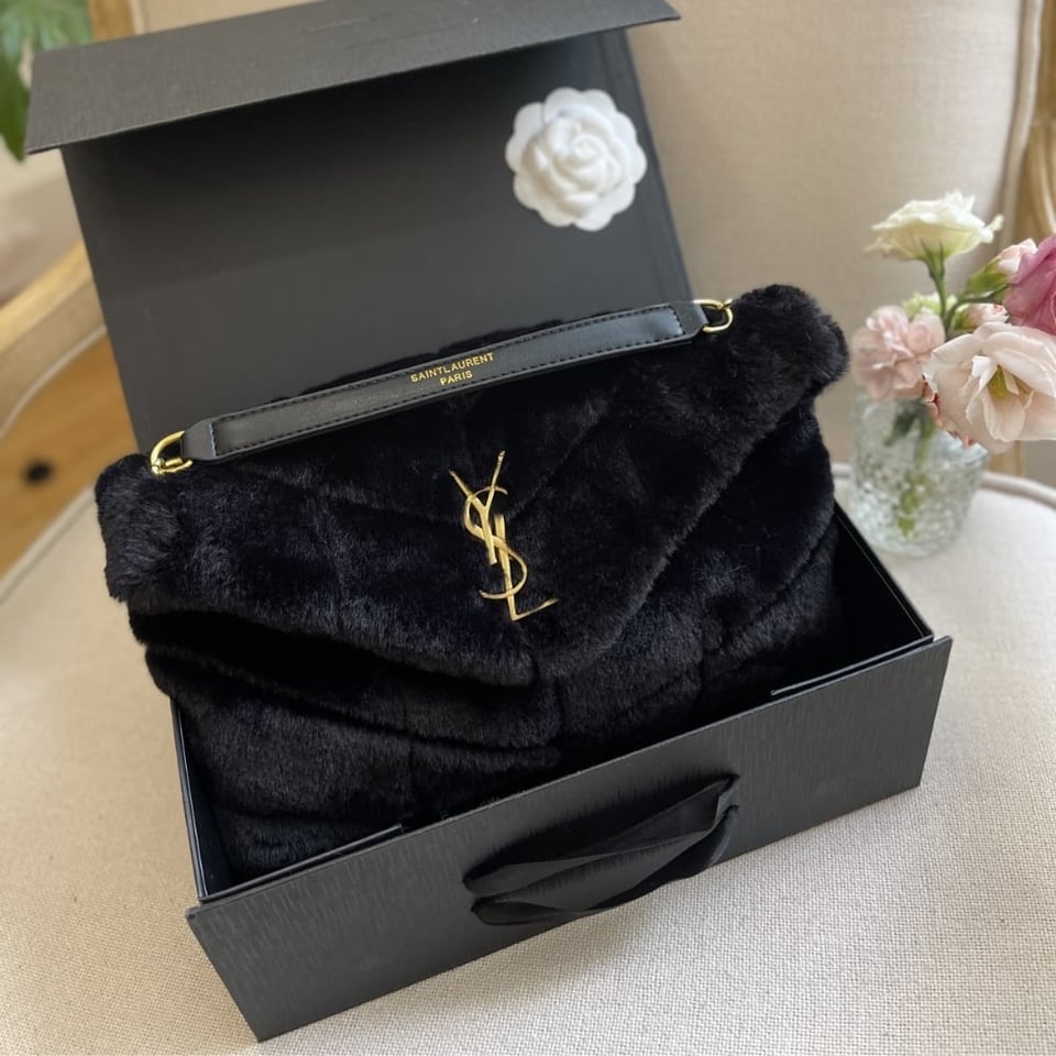 Saint Laurent Puffer Bag In Shearling Black 28Cm view 4