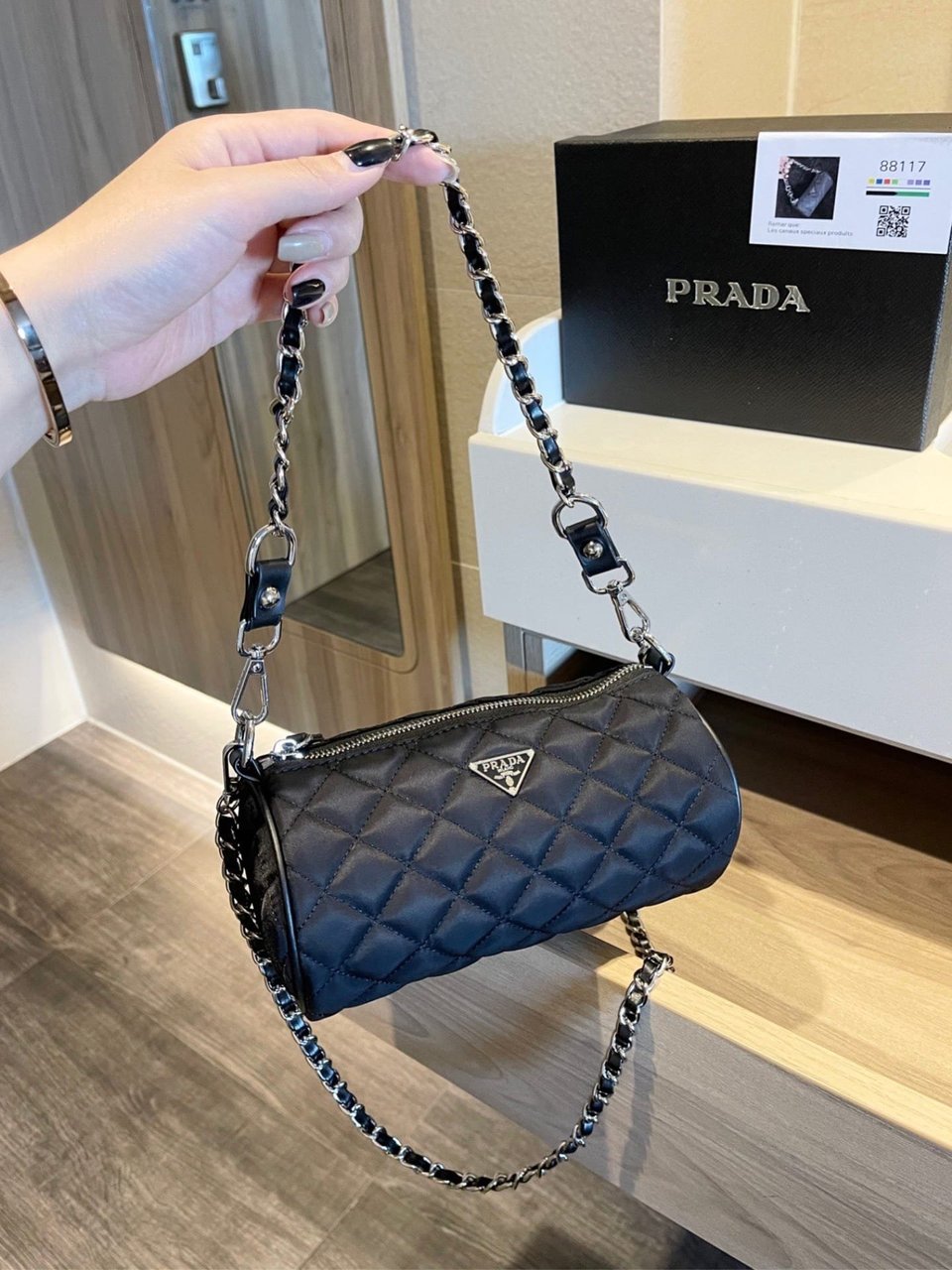 Prada Tessuto Black Quilted Barrel Bag Black 20Cm view 3