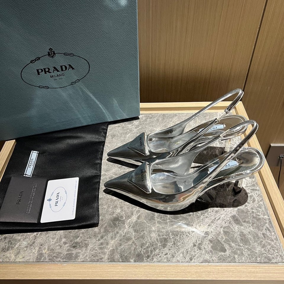Prada Brushed Leather Slingback Pumps Silver view 5