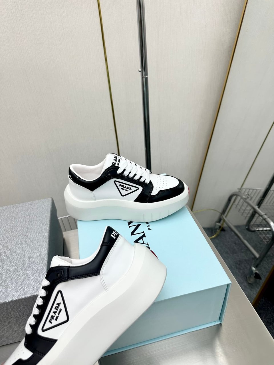 Prada Leather Platform Sneakers White And Black view 5