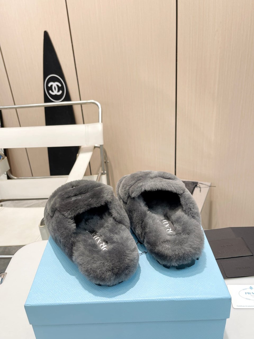 Prada Shearling Sabots Grey view 4