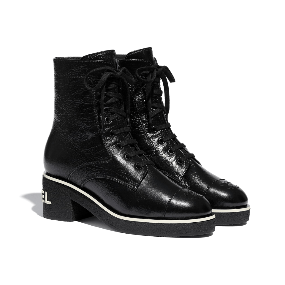 Chanel White Logo Crinkled Leather Combat Boots For Women