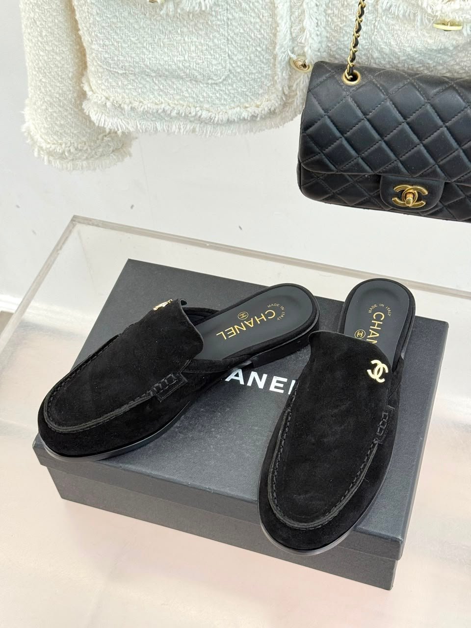 Chanel Suede Velvet Mules with CC Logo Black Suede Calfskin G39838 view 11