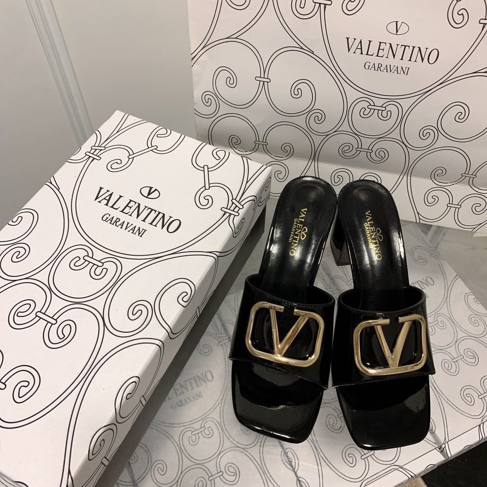 Valentino Vlogo Signature Square Toe Middle Heel Black Slide Sandal view 8