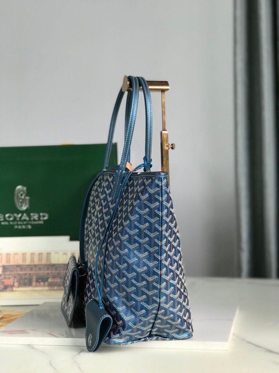 Goyard Saint Louis Pm Bag 34Cm Deep Blue Canvas Chevroches Calfskin view 4
