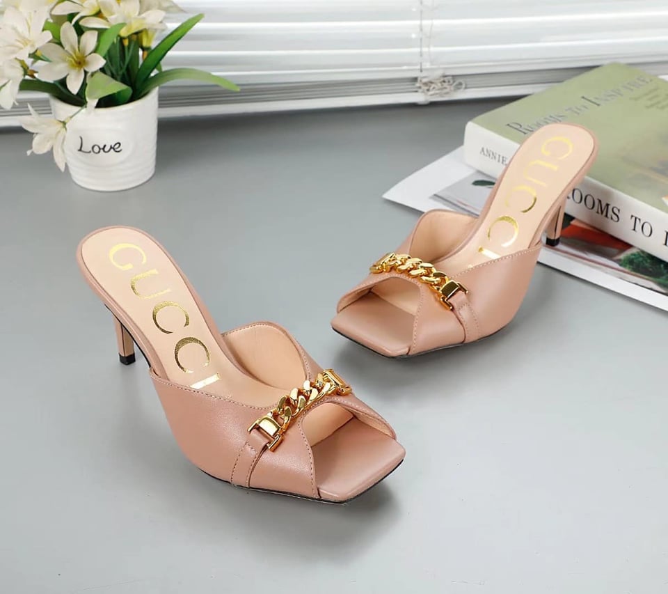 Gucci Chain Stiletto Heels Flip Flop Fish Mouth Mule Sandals Patel Pink view 5