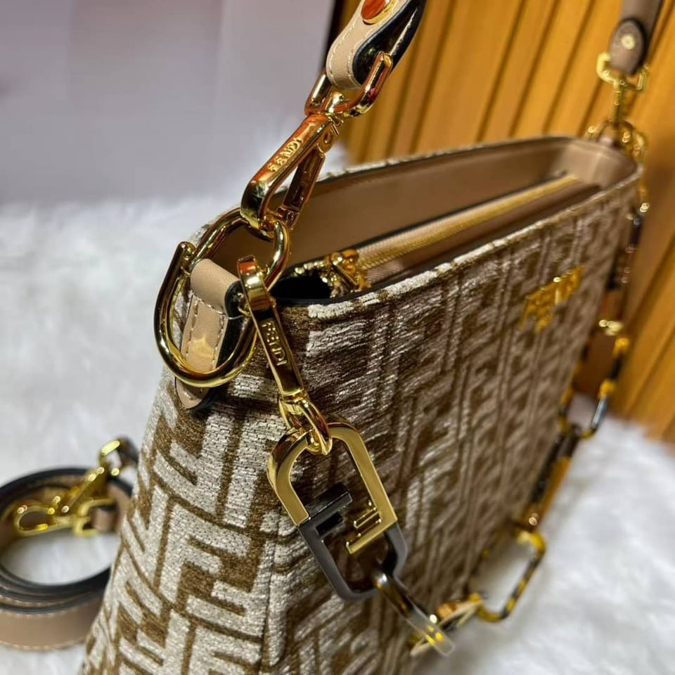 Fendi Olock Zip Dove Brown Tapestry Fabric Bag view 5