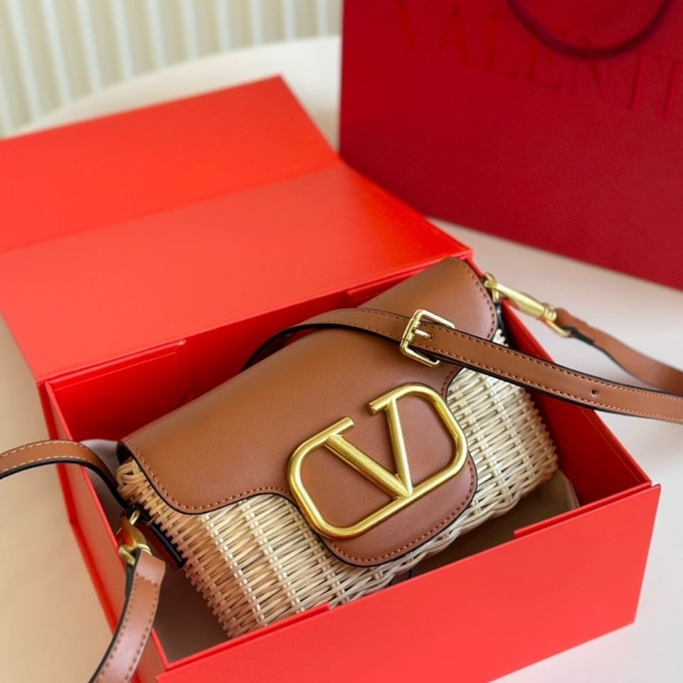 Valentino Loco Vlogo Flap Straw Shoulder Bag Brown 18Cm view 5