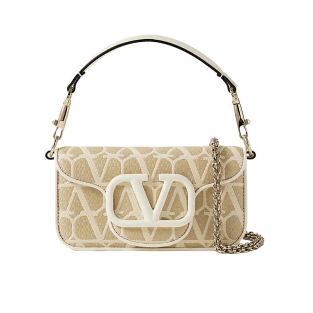 Valentino Valentino Garavani Locò Toile Iconographe Raffia Shoulder Bag Natural 20Cm