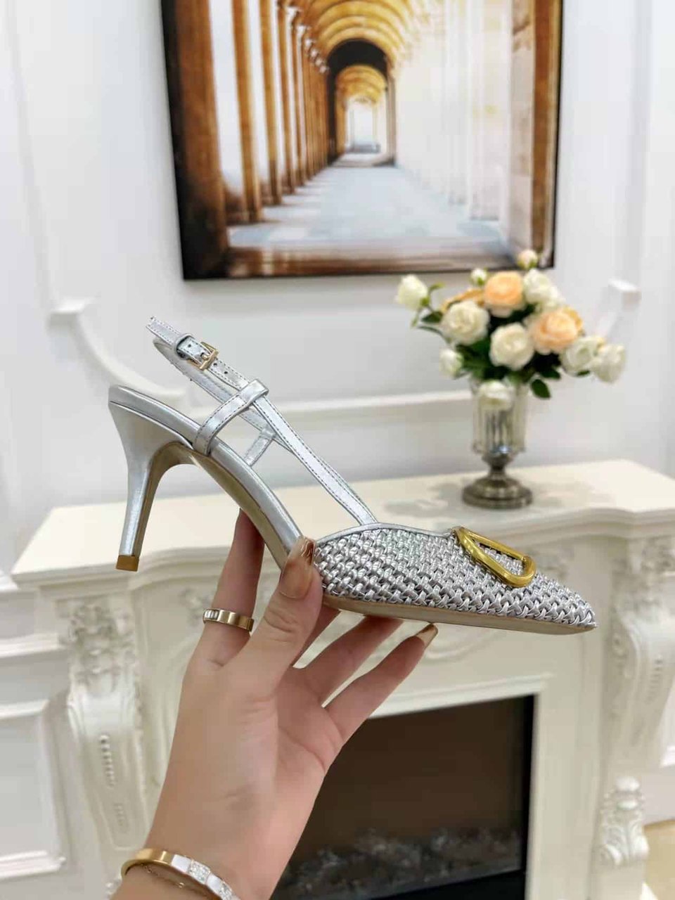 Valentino Garavani Vlogo Woven Leather Slingback Pumps Silver view 10