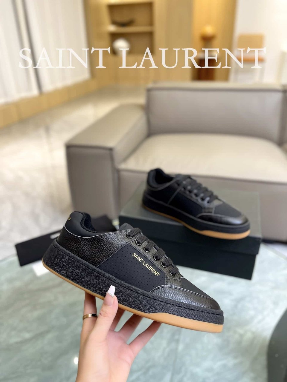 Saint Laurent Perforated Leather Sneakers Black view 5