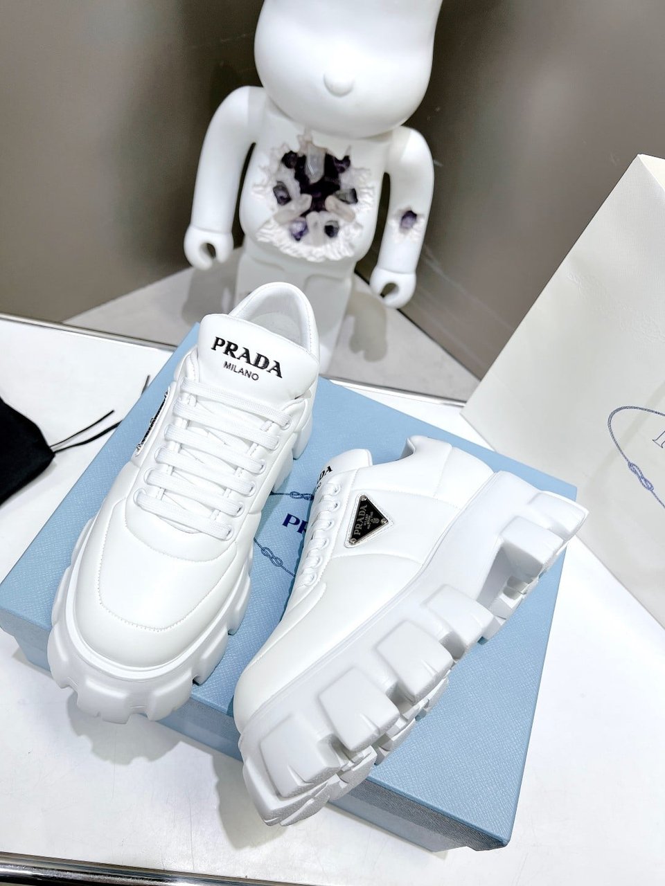Prada Soft Padded Nappa Leather Lace Up Shoes White view 10