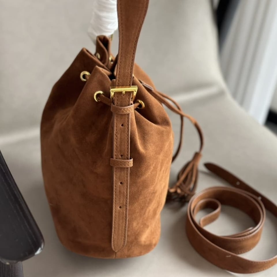 Prada Small Suede Bucket Bag In Brown 20Cm view 6