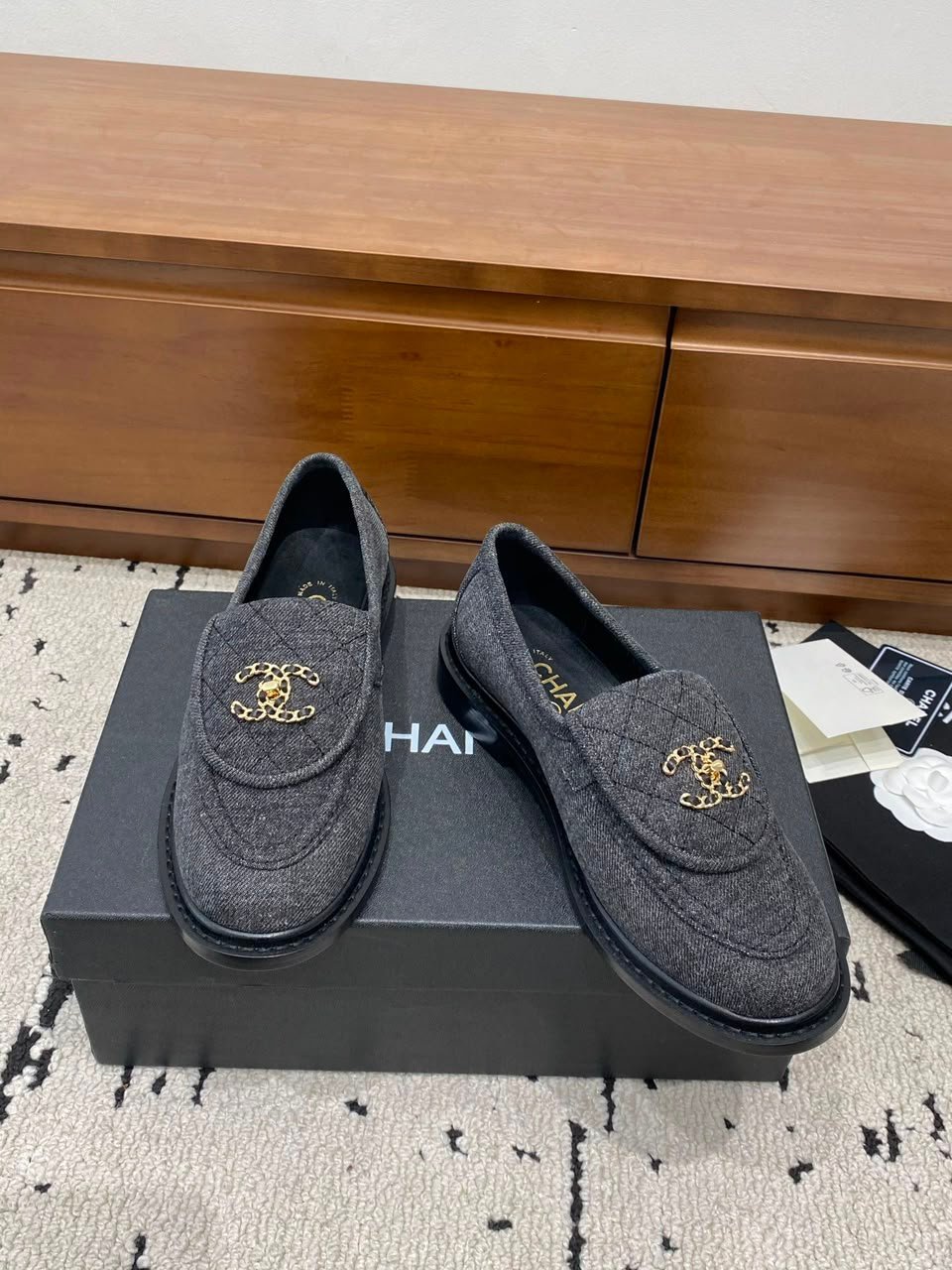 Chanel Quilted Fabric Loafers with CC Chain Logo Dark Grey G39834 view 7