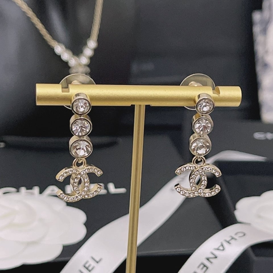 Chanel Crystal Cc Drop Earrings Gold view 4