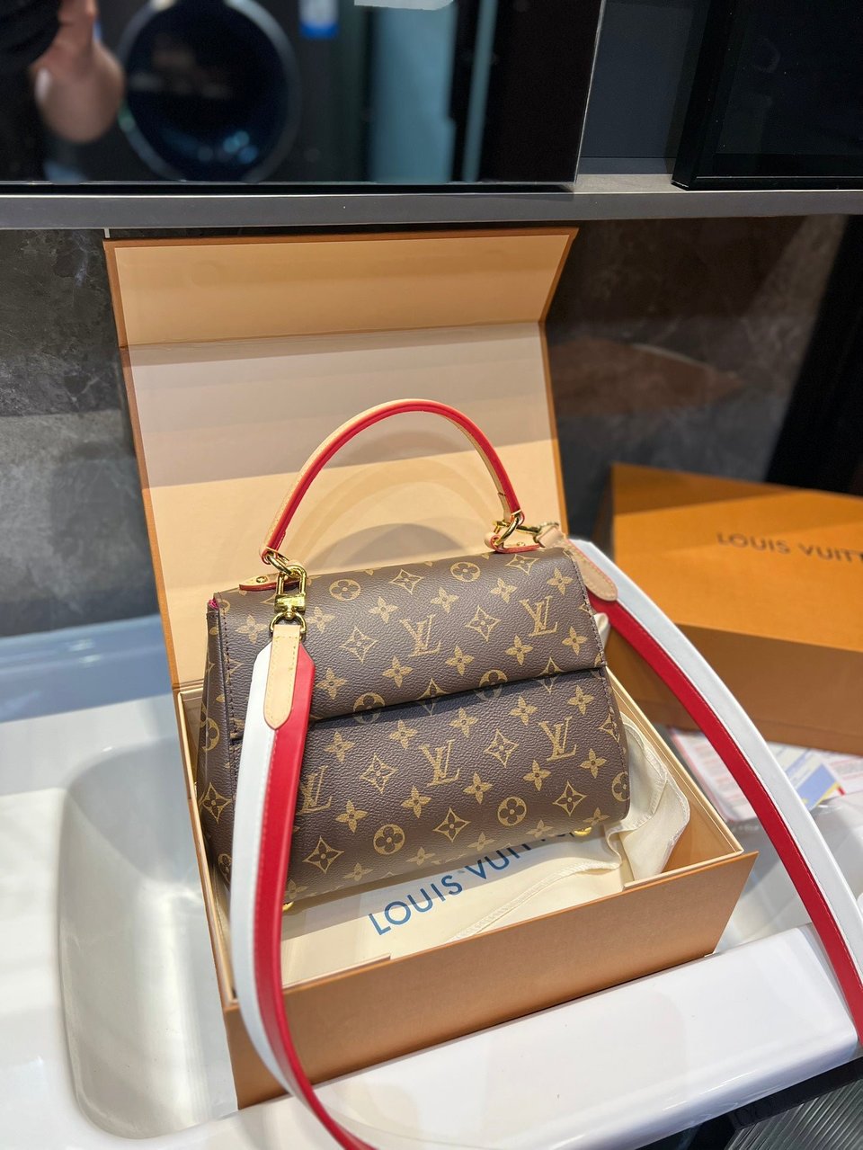 Louis Vuitton Cluny Brown Beige And Red Strap 25Cm view 11
