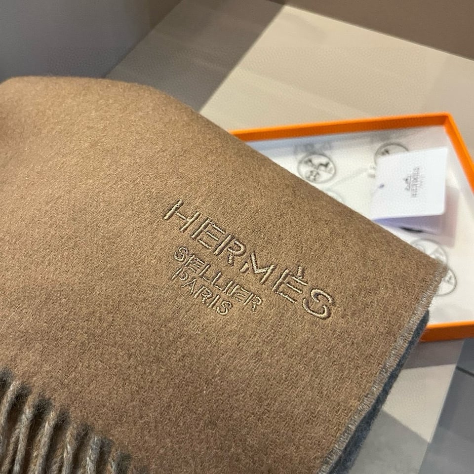 Hermes Cashmere Scarf Colorblock Beige Gray For Women 180cm view 4