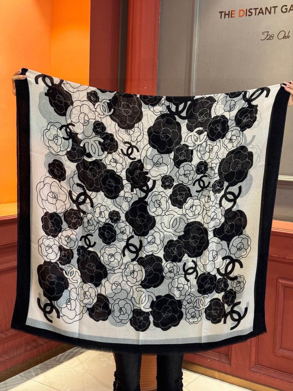 Chanel Silk Shawl Camellia Motif White-Black For Women 200cm view 4