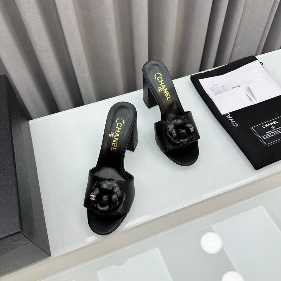 Chanel Camellia Medium Heel Slippers Black view 4