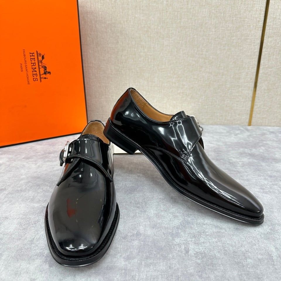Hermès Black Polished Leather Monk Strap- Shoes for Men view 9