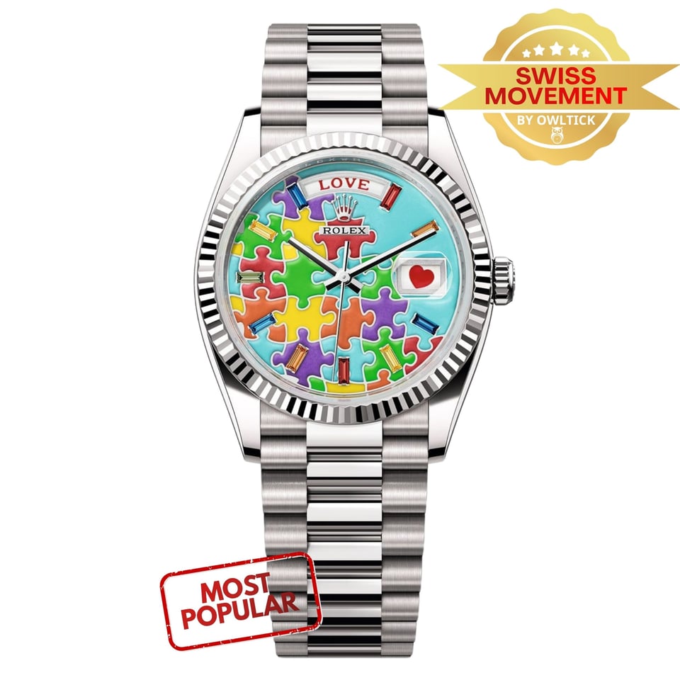 [Superclone] Rolex Day-Date 36mm Rainbow Sapphire &amp; Puzzle Dial White President 128235