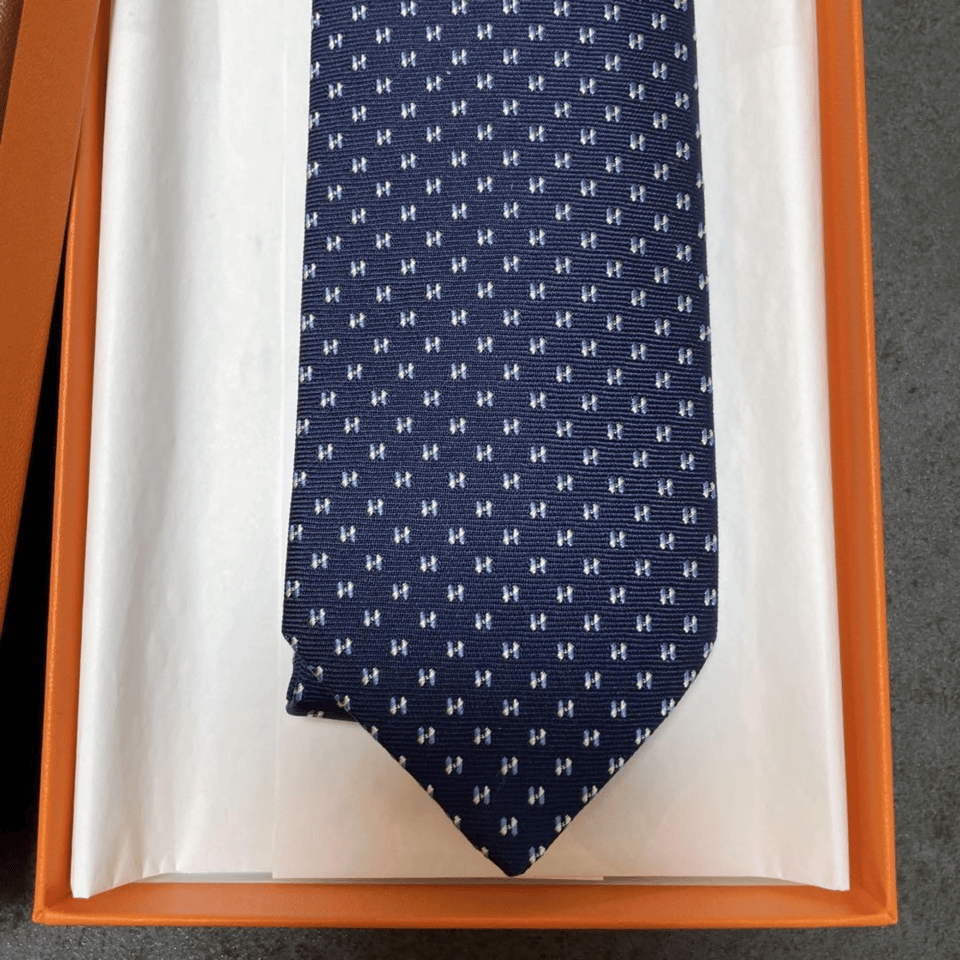Hermes Navy Blue Mini H Pattern Canvas Tie For Men view 4