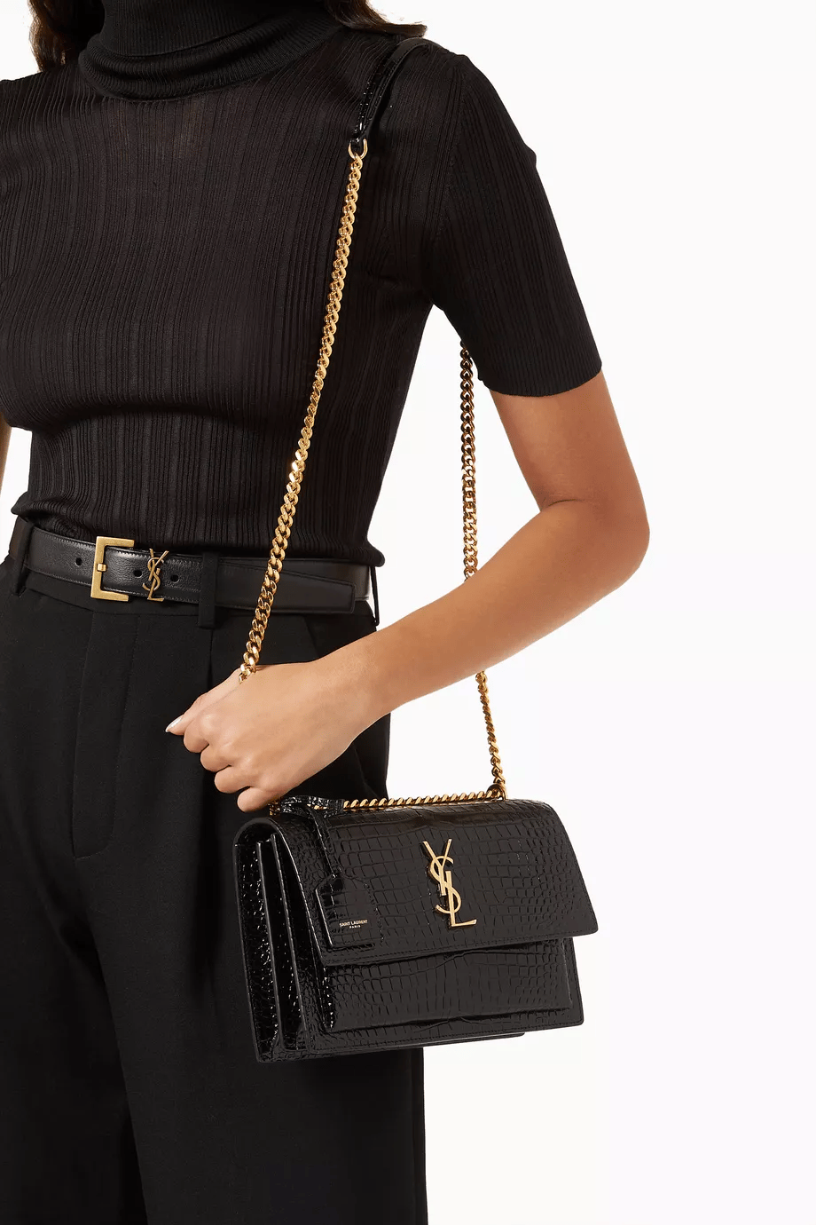 Saint Laurent Sunset Medium In Crocodile Embossed Leather Black 22Cm view 12