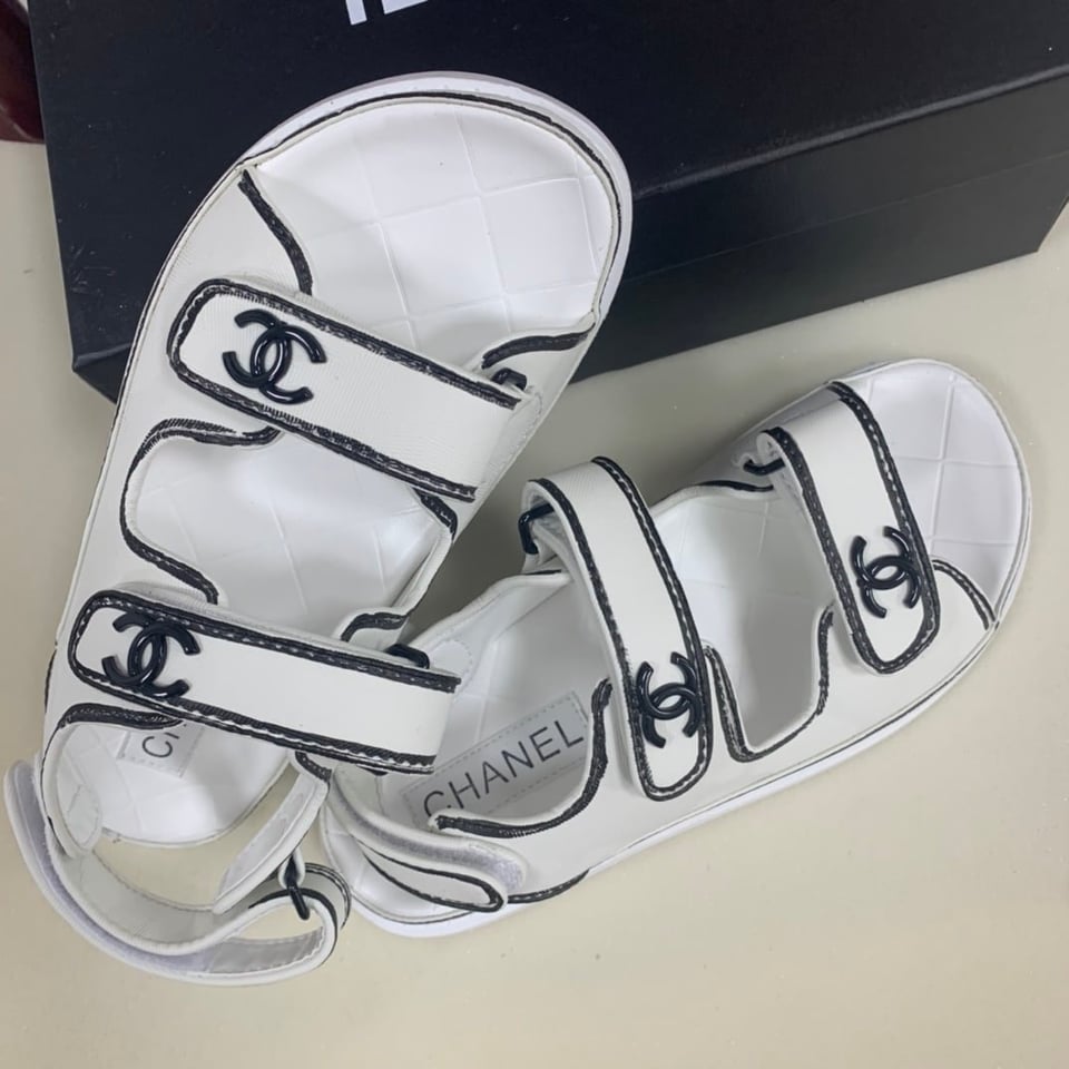 Chanel Calfskin Printed Velcro Dad Sandals White Black view 4