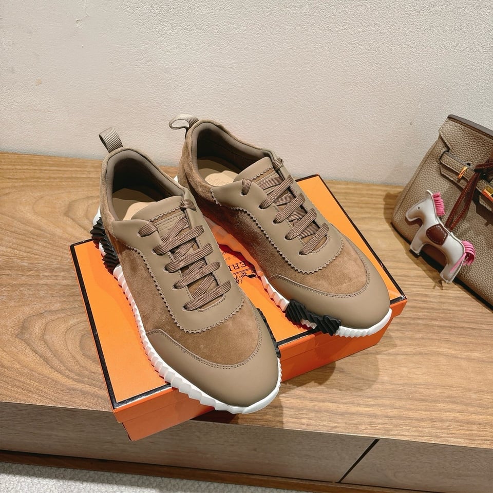 Hermes Bounce Sneakers In Suede And Calfskin Brown- Shoes for Men view 3