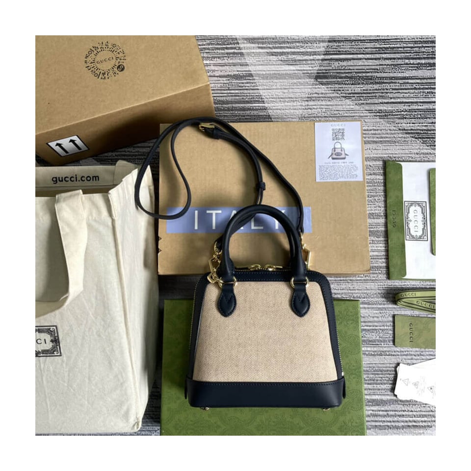 Gucci Horsebit 1955 Mini Top Handle Bag in Beige Canvas view 5