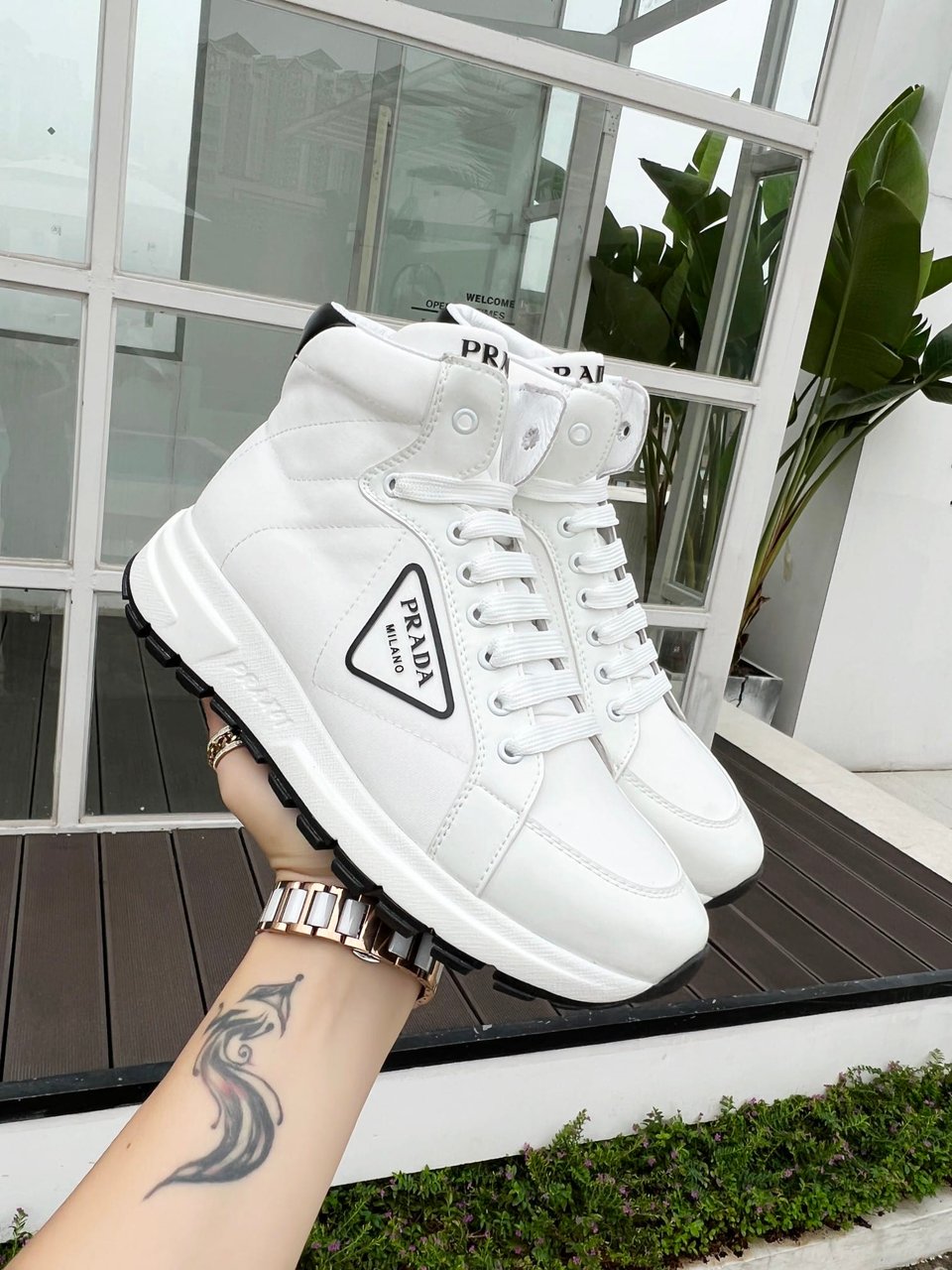 Prada Prax 01 Re Nylon And Brushed Leather Sneakers White view 4