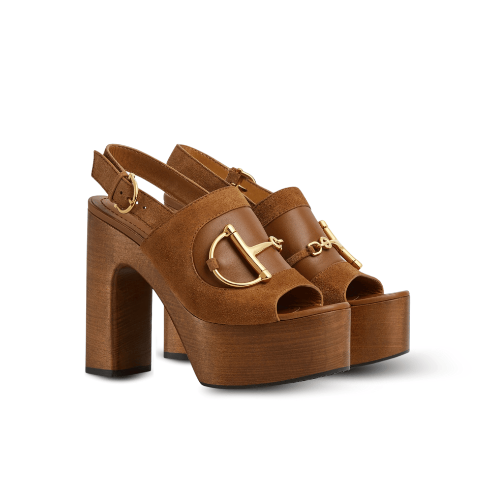 Gucci High Heel Platform Sandal With Horsebit In Brown Suede view 2