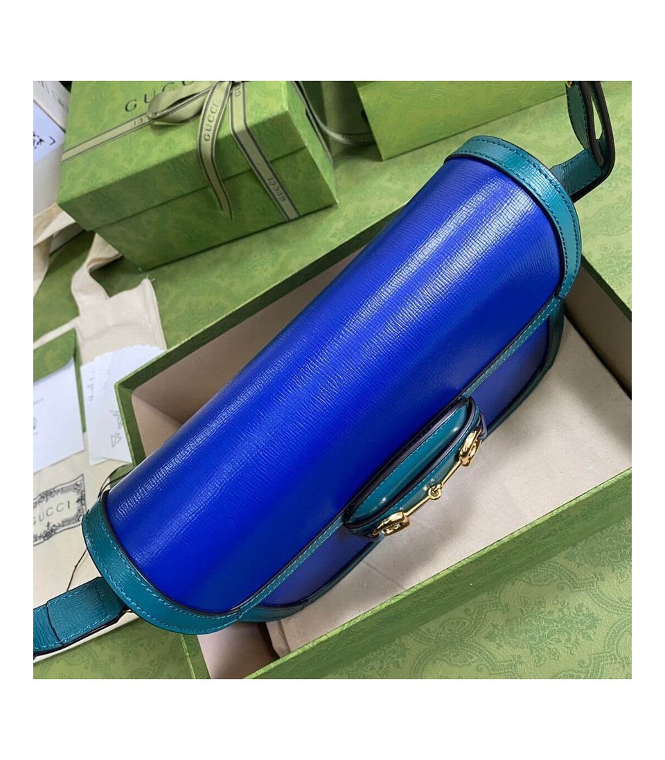 Gucci Horsebit 1955 Small Shoulder Bag Blue and Green Leather view 8